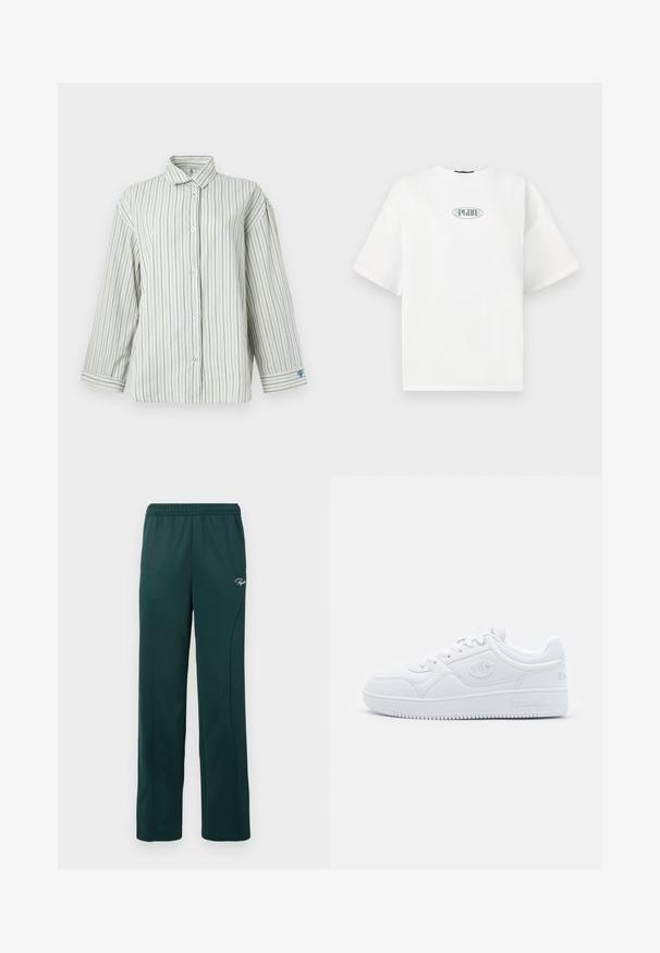Camisa branca de botões com riscas verticais azuis, mangas longas, colarinho clássico e pequeno detalhe de coração no punho esquerdo.; T-shirt branco de manga curta feito de algodão, apresentando um logótipo gráfico em verde dentro de uma forma oval no centro do peito.; Calças de fato de treino verde-escuras feitas de um tecido macio, apresentando uma cintura elástica e costuras laterais, com um pequeno logótipo à frente.; Sapatilha branca feita de material sintético liso, com bico arredondado, sola plana e discretos detalhes do logótipo nas laterais. Design clássico de cano baixo.