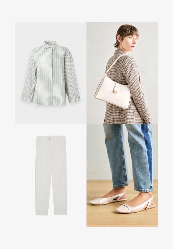 White button-up shirt with blue vertical stripes, long sleeves, classic collar, and small heart detail on left cuff.; White, tailored trousers with a straight leg design, featuring a button closure, belt loops, and side pockets; smooth fabric texture.; Pale pink slingback flats with a pointed toe, made from a smooth leather-like material. Features cut-out details at the sides and a flat heel.; White leather handbag with a structured design, featuring a magnetic clasp and a shoulder strap, showcased against a neutral background.
