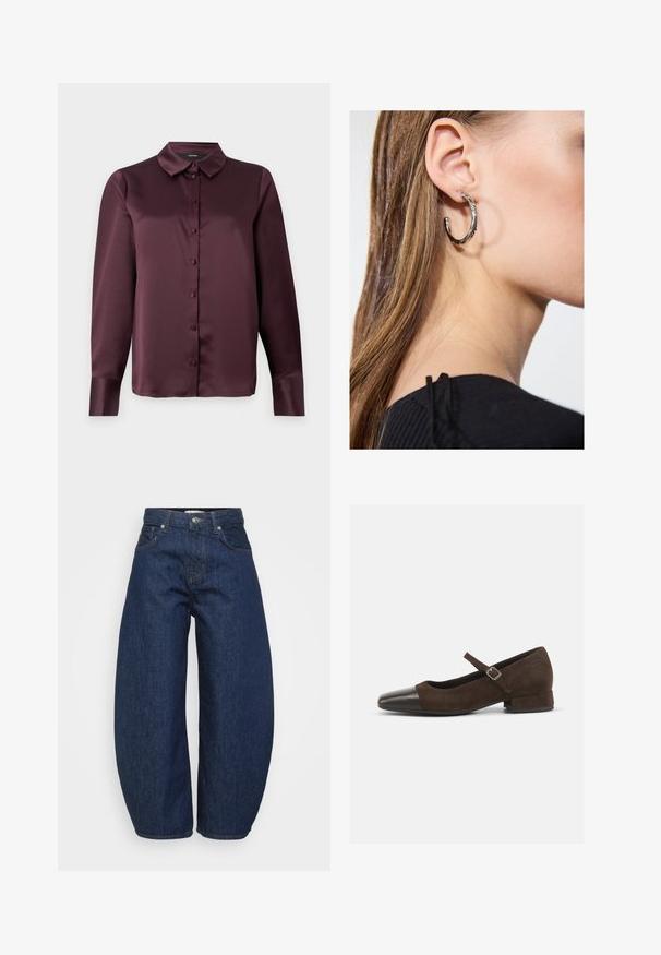Blusa button-up in satin bordeaux con colletto classico, maniche lunghe e una texture liscia. Presenta una patta frontale con bottoni in tono.; Jeans in denim blu scuro con taglio ampio e comodo. Presentano una chiusura con zip, quattro tasche e cuciture a contrasto lungo le cuciture.; Scarpa Mary Jane in suede marrone con punta in vernice nera, cinturino regolabile e tacco basso a blocco. Texture liscia con dettagli minimi.; Orecchino a cerchio in argento con finitura lucida, caratterizzato da piccoli dettagli in oro e una forma tondeggiante, indossato sul lobo.