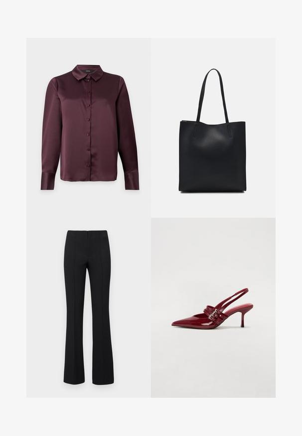 Burgundy satin button-up blouse with a classic collar, long sleeves, and a smooth texture. Features front placket with matching buttons.; Black flared trousers with a ribbed texture and fitted waist. The design features vertical seams for a streamlined look. No visible hardware.; Red patent leather slingback heels with a pointed toe, two buckle straps, and a slim, mid-height stiletto heel. Smooth texture.; Black leather tote bag with smooth texture, rectangular shape, and two long handles. No visible hardware or embellishments.