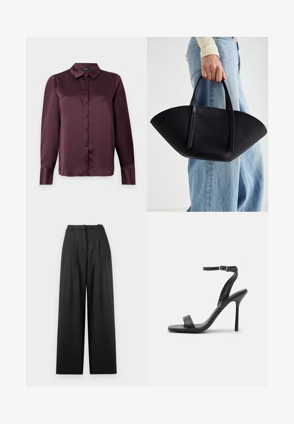 Burgundy satin button-up blouse with a classic collar, long sleeves, and a smooth texture. Features front placket with matching buttons.; Wide-leg trousers in dark gray plaid pattern, featuring a high waist, pleats, and a structured fit. Made from textured fabric.; Black high-heeled sandal with a slim ankle strap and two front bands. Made of smooth leather with a sleek pointed toe and stiletto heel.; Black leather handbag with a unique fan shape, featuring flat handles. The surface has a pebbled texture and a minimalistic design.
