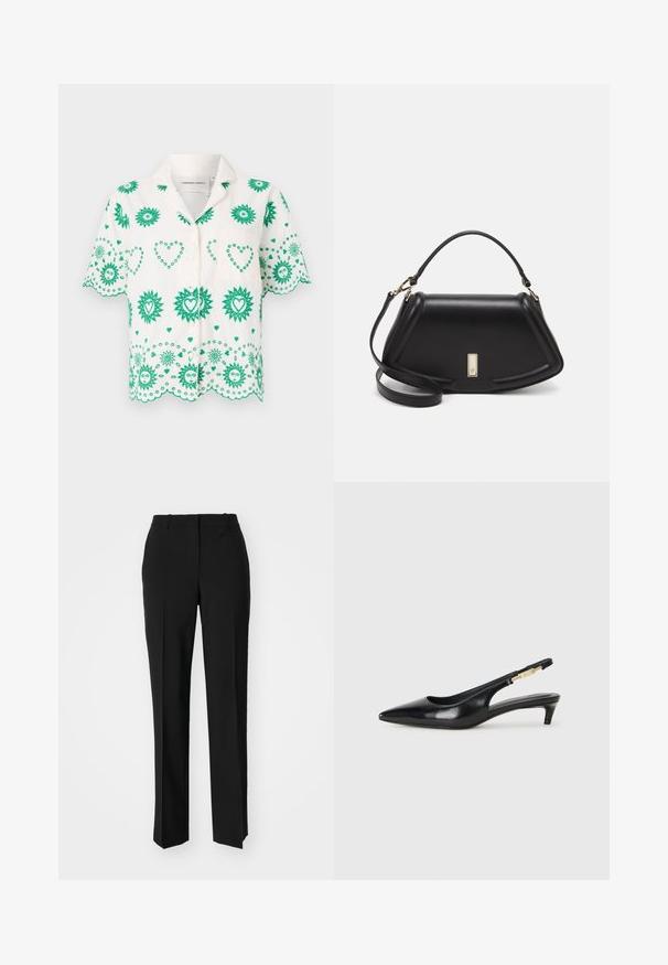 Short-sleeve shirt in white fabric, adorned with green sun and heart patterns, featuring a collar and small chest pocket.; Black tailored trousers with a straight-leg design, featuring a smooth texture and crisp creases along the front. No visible hardware.; Black leather slingback heels with a pointed toe, featuring a slim heel and a gold-tone accent on the adjustable strap. Smooth texture.; Black leather handbag with a structured design, featuring a cropped shape, top handle, and gold hardware accent. Adjustable shoulder strap included.