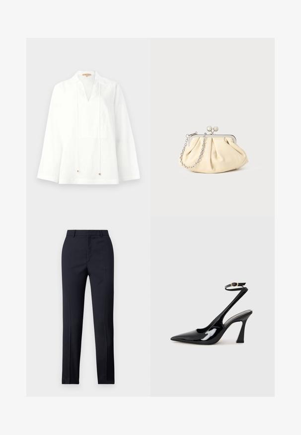 Valge linane pluus V-kaelusega, pikkade varrukatega ja laia lõikega. Omab joontega, kus on väikesed metallist aktsendid. Sile tekstuur.; Tumed kohandatud püksid sirge lõikega, millel on sile tekstuur, kaks esist taskut ja puhas vöökoht.; Mustad läikivad patendiga slingback-kõrged kontsad, millel on terav põlv ja reguleeritav pahkluu rihm, ning mõõdukas plokknukk. Sile tekstuur läikiva viimistlusega.; Kortsus beežist nahast kotike, millel on hõbedane metallraam, kaunistatud kahe ümmarguse dekoratiivse lukuga ja hõbedase ketispideme.