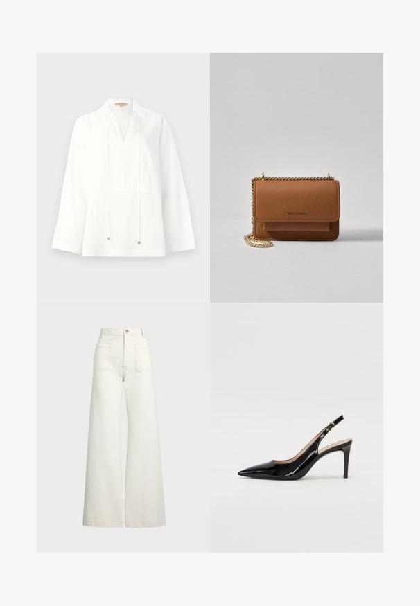 Blusa branca de linho com decote em V, mangas longas e um corte folgado. Apresenta cordões com pequenos detalhes metálicos. Textura suave.; Jeans de perna larga em denim off-white. Design de cintura alta com fecho de botão, dois bolsos frontais e detalhes de costura em contraste.; Sandal com salto em verniz preto, bico fino, salto esguio e um design de recorte subtil. Apresenta uma fivela dourada na alça.; Bolsa crossbody de couro texturizado castanho com alça de corrente dourada e fecho com aba. A parte da frente apresenta detalhe do logótipo e um bolso sob a aba.