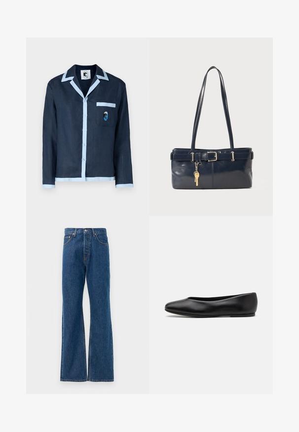 Camisa de linho azul-marinho com colarinho e detalhes do bolso em azul-claro. Apresenta um bolso no peito com um design bordado. Fecho com botões na parte da frente.; Calças de ganga azul de boca larga com uma cintura alta, apresentando cinco bolsos, um fecho de botão prateado e costuras visíveis.; Paul Smith TOPANGA - Sabrinas - black; Bolsa de couro azul-marinho com duas alças longas, um detalhe de fivela e um porta-chaves anexado. Apresenta uma textura suave e uma forma retangular.