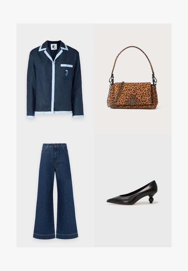 Navy linen shirt with light blue collar and pocket trim. Features a chest pocket with an embroidered design. Button closure down the front.; Wide-leg blue denim jeans with a high waist, featuring a button closure, belt loops, and subtle stitching details along the pockets and hems.; Black leather high heel shoe with a pointed toe and a round, balled heel. Smooth texture with a sleek, minimal design.; Leopard print handbag made of suede with a short handle, a chain strap, and a black hardware clasp. Rectangular shape with a flap closure.