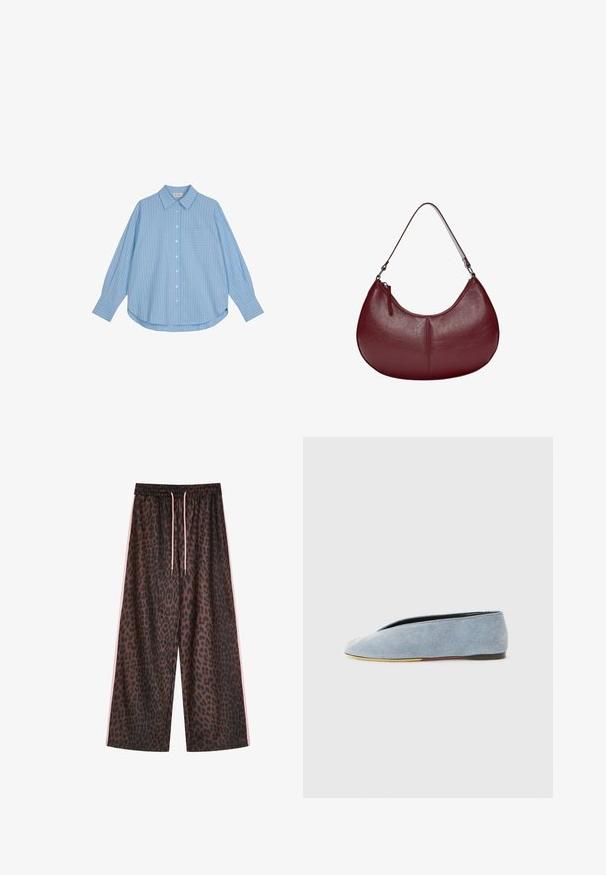 Svetlomodrá košeľa na gombíky s bielymi vertikálnymi prúžkami, dlhými rukávmi, vo voľnom strihu a s vreckom na hrudi. Tkanina vyzerá hladko a mäkko.; Nohavice s širokým strihom v leopardom vzore hnedých a čiernych odtieňoch, s elastickým pásom a ružovými šnúrkami na stiahnutie, zdobené bočnými ružovými pruhmi. Hladká textúra látky.; Denimové slip-on topánky vo svetlom modrom odtieni s hladkým povrchom, mandľovým tvarom špičky a plochou čiernou podrážkou. Minimalistický dizajn s nízkym profilom.; Bordová kožená kabelka s zakriveným tvarom. Obsahuje jeden ramenný popruh a vrchný zips, ktorý vyzdvihuje hladký, textúrovaný povrch.; Strieborný náhrdelník s hladkým oválnym príveskom s vygravírovanou usmiatou tvárou ozdobenou zelenými akcentmi. Reťaz má prepojené články.