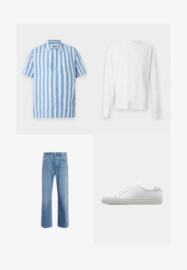 Short-sleeve shirt in light blue and white vertical stripes, made of linen with a pointed collar and a single chest pocket.; Long-sleeved white cotton shirt with a round neckline, side slits at the bottom, and a smooth texture, displayed from the back.; Light blue denim jeans with a straight-leg design, five pockets, button closure, minimal fading, and contrasting stitching details.; White sneaker with a smooth leather upper and a low profile. Features a rounded toe, six eyelets, and a textured rubber sole.