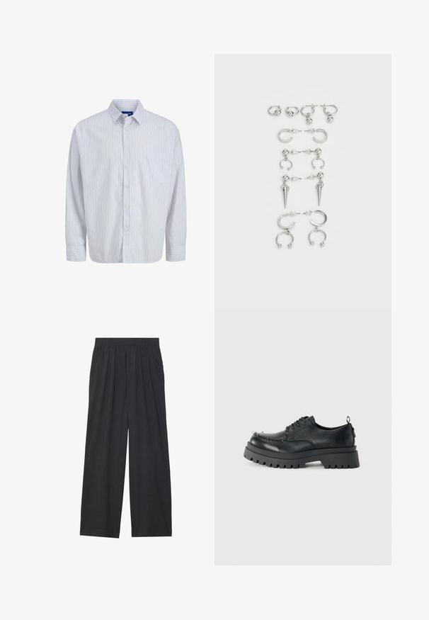 Langärmliges weißes Hemd mit dünnen vertikalen roten Streifen, einer Brusttasche, einem Kragen und geknöpften Manschetten.; Weit geschnittene Hosen aus dunkelgrauem Stoff. Merkmale sind Falten an der Taille, ein maßgeschneiderter Schnitt und eine gerade Silhouette.; Schwarzer klobiger Leder-Schnürschuh mit dickem, robustem Sohlen und Metallösen im Zehenbereich, fotografiert vor einem schlichten hellen Hintergrund.; Set von silbernen Ohrringen mit verschiedenen Designs: Creolen, Stecker und hängende Stile, mit Kugelakzenten und spitzen Elementen.