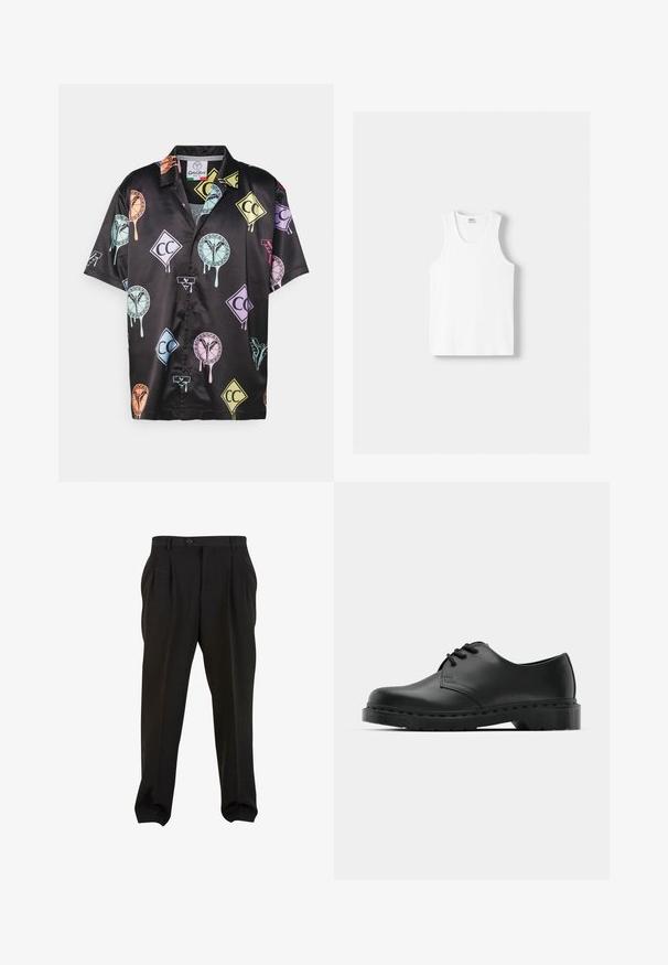 Short-sleeve black satin shirt featuring colorful graphic patterns including shapes and logos in pastel hues. Button-down front design.; White cotton tank top with a round neckline, wide shoulder straps, and a straight hem, featuring a smooth texture and no visible patterns.; Black trousers with a smooth fabric, featuring front pleats, a button waistband, and tapered ankle cuffs. Classic tailored silhouette.; Black leather oxford shoe with lace-up design, rounded toe, flat rubber sole, and subtle stitching detail along the upper.