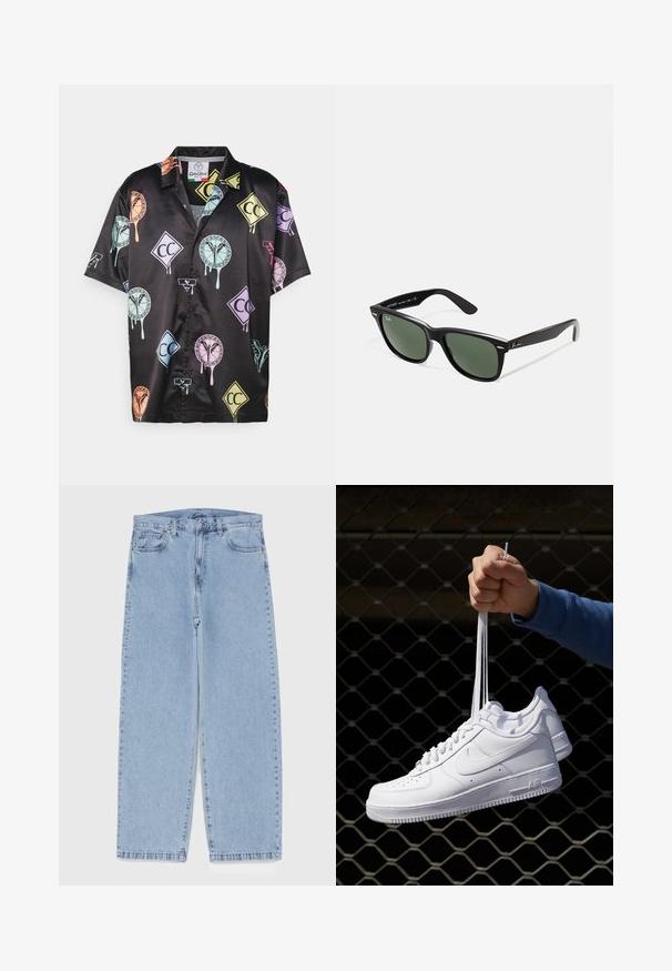 Zwarte satijnen shirt met korte mouwen, gekenmerkt door kleurrijke grafische patronen, waaronder vormen en logo's in pastelkleuren. Knopsluiting aan de voorkant.; Witte katoenen tanktop met een ronde halslijn, brede schouderbanden en een rechte zoom, met een gladde textuur en zonder zichtbare patronen.; Lichtblauwe denim jeans met een recht model, voorzien van een middelhoge taille, vijf zakken en een knoop- en ritssluiting.; Witte leren sneakers met perforaties, ronde neus, vlakke zool en dikke veters, met een zichtbare swoosh-logo en "AIR" op de hiel.; Zwarte plastic zonnebril met groene lenzen, vierkante montuur, zilveren accent op de wenkbrauw en een gestructureerde tempel. Merken vermeld op de binnenkant van de arm.