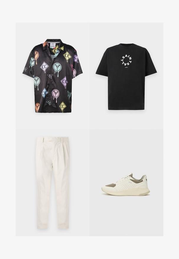 Camisa de satén negra de manga corta con patrones gráficos coloridos que incluyen formas y logotipos en tonos pastel. Diseño de botones en la parte delantera.; Camiseta de algodón negra con mangas cortas. Presenta texto blanco dispuesto en un patrón circular, que dice "SAINT LAURENT LONDRES."; Pantalones blancos plisados con un ajuste entallado, que presentan una textura suave, pasadores para el cinturón y piernas ajustadas. Sin bolsillos visibles ni patrones.; Zapatilla deportiva en blanco y beige claro, con parte superior de malla, detalles perforados y una mediasuela texturizada con la marca en el talón.