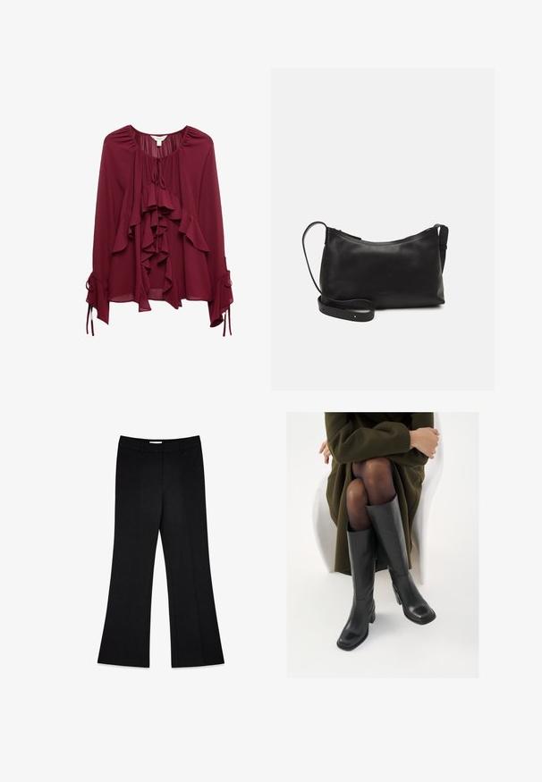 Bordeauxfarbene Bluse mit Rüschen an der Vorderseite, Krawattenverschluss am Hals und langen Ärmeln mit gerafftem Stoff und Bindebändern an den Manschetten. Glatte Textur.; Schwarze, ausgestellte Hosen mit glatter Textur, zwei vorderen Falten und einem mittelhoch sitzenden Bund, entworfen für eine taillierte Passform.; Knöchelhöhe schwarze Lederstiefel mit quadrater Spitze und Blockabsatz, gezeigt mit einem Modell, das einen olivgrünen Mantel trägt. Glatte Textur, minimale Details.; Schwarze Ledertasche für die Schulter mit glatter Textur, geschwungener Form, verstellbarem Tragegurt und Reißverschluss. Minimalistisches Design ohne Verzierungen.