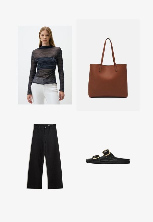 Marinemarineblauwe lange mouw top van doorschijnende stof, met metallic zilveren strepen, aansluitend ontwerp en gegolfde manchetten. Draagover witte broeken.; Zwarte denim broek met wijde pijpen en een hoge taille, voorzien van voor- en achterzakken, gestikte naden en een knoopsluiting. Gladde textuur.; Zwarte slipper met twee gouden gesps, gladde textuur, platte zool en een minimalistisch ontwerp.; Bruine leren tote bag met een gladde textuur, een ontwerp met een open bovenkant en twee schouderbanden. Kenmerkt zich door minimale stiksels en geen zichtbare hardware.