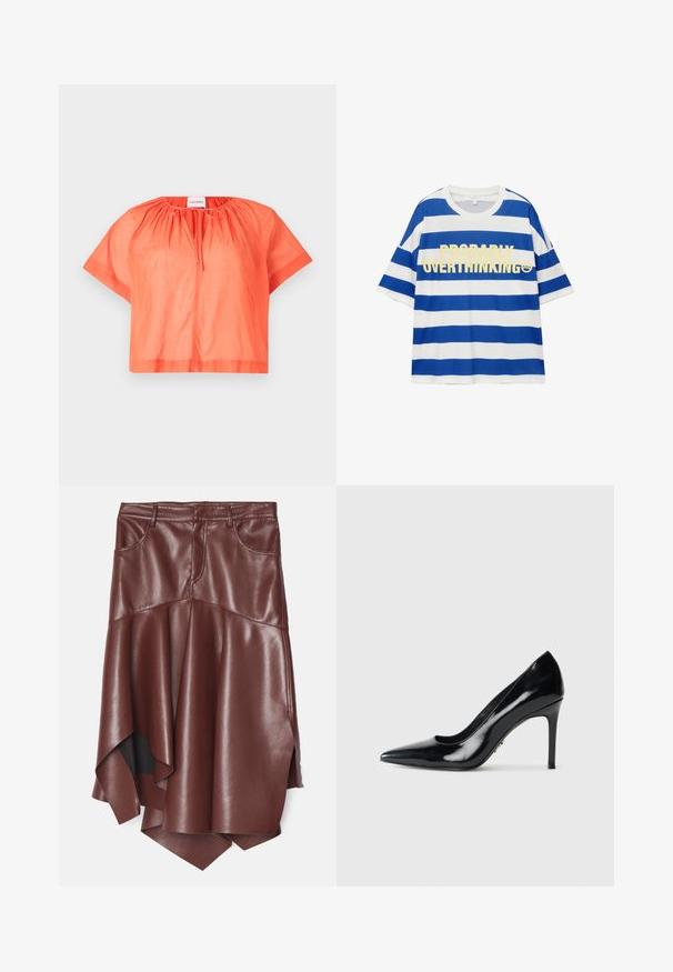 Kratka majica s kratkimi rokavi v svetlo oranžni barvi, izdelana iz lahkotnega materiala. Ima okroglo ovratnico z naborkom in sprednjim zavezovanjem.; Bombažna majica s horizontalnimi modrimi in belimi črtami. Ima drzno rumeno besedilo "VERJETNO PREOBRAZLJAM" in grafiko nasmejanega obraza. Kratki rokavi.; Rjava umetno usnjena krila z razpršenim, asimetričnim robom, ki ima dve sprednji žep in gladko, sijočo teksturo.; Črne patentne usnjene visokotlačne čevlje s koničastim nosom in ozkim stiletto peto na enobarvni beli podlagi.
