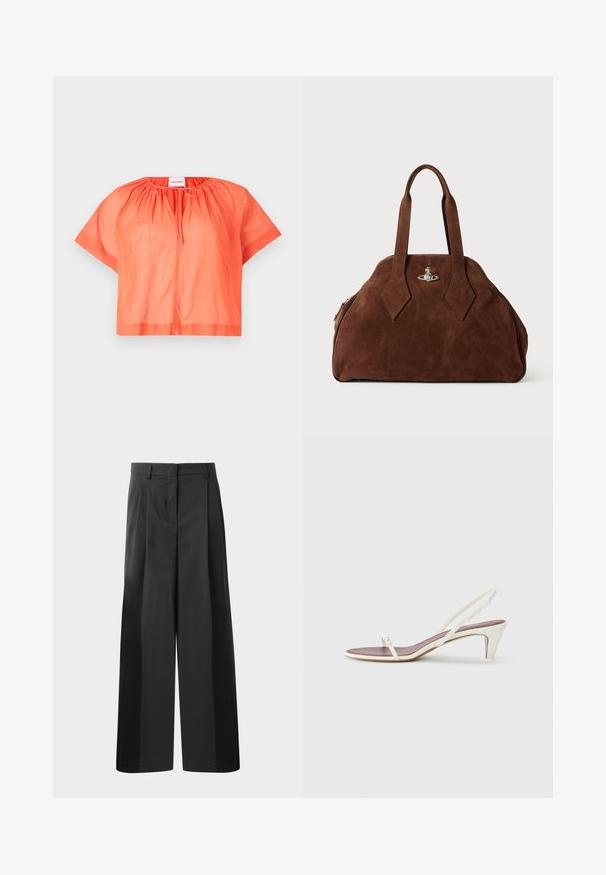 Top scurt, cu mâneci scurte, de culoare portocalie intensă, fabricat dintr-un material ușor. Dispune de un decolteu rotund cu detalii pliate și închidere cu legătură în față.; Pantaloni negri cu talie înaltă, cu picioare largi, având pliseuri frontale, o textură netedă și un finisaj croit. Concepuți pentru o croială relaxată.; Sandale albe cu toc mic, curele subțiri și o textură netedă din piele; prezintă o cataramă decorativă mică.; Geantă din suede maro, cu o formă structurată, un corp rotund și mânere lungi în formă de diamant. Dispune de o închidere din metal argintiu.