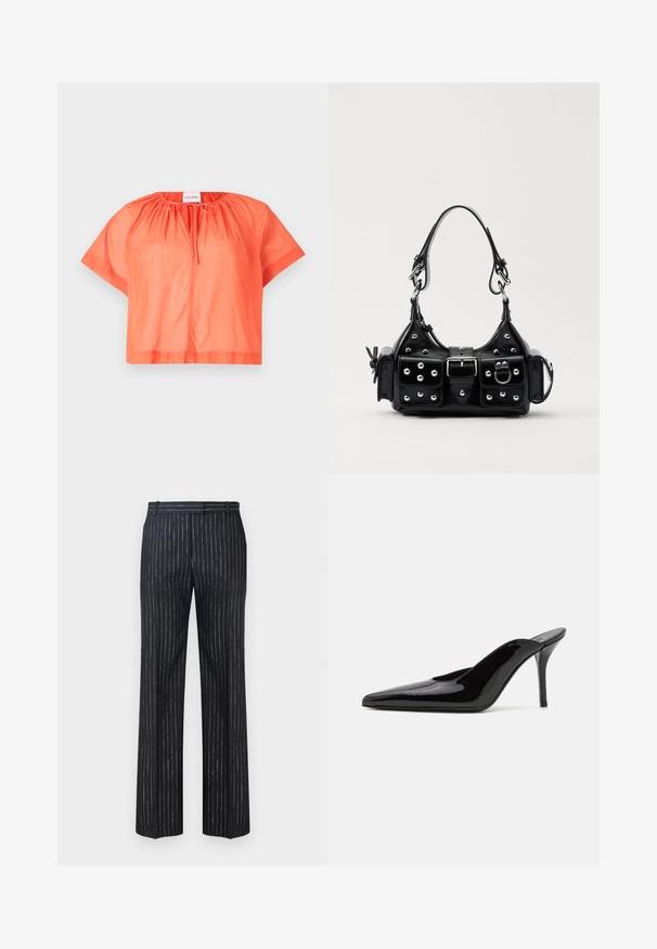 Kurzärmliges, gekürztes Oberteil in leuchtendem Orange aus leichtem Stoff. Verfügt über einen runden Halsausschnitt mit Raffung und eine Frontknotenschließe.; Dunkel gestreifte Hosen mit weitem Bein, aus strukturiertem Stoff mit vertikalen silbernen Nadelstreifen. Flacher Bund und Gürtelschlaufen.; Schwarze Lackleder-Pumps mit hohen Absätzen, spitzer Zehenform und schlanker Silhouette, mit offenem Rücken und schlankem Stiletto-Absatz.; Schwarze Lederhandtasche mit einem geschwungenen Design, verziert mit silbernen Nieten, einer Schnalle und zwei seitlichen Taschen. Verstellbarer Träger für verschiedene Tragemöglichkeiten.