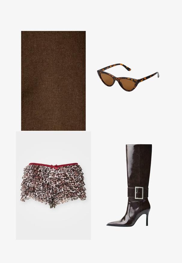 Hnědá lněná tkanina s měkkým, texturovaným povrchem, s jednotným vzorem a tlumeným tónem, vhodná pro různé textilní aplikace.; Hnědý halter top s hlubokým výstřihem do V a nabíraným materiálem na poprsí, doplněný o volné, světle šedé cargo kalhoty s nastavitelnými pásky v pase.; Květinové šortky s leopardím potiskem a vrstvenými volány, se červeným krajkovým pasem a malou mašlí na přední straně.; Tmavě hnědá kožená vysoká bota do kolen s špičatou špičkou, jehlovým podpatkem a širokým páskem s velkou obdélníkovou stříbrnou sponou.; Sluneční brýle ve stylu kočičích očí s černo-oranžovým želvovinovým rámem, hnědými skly a elegantními, špičatými konci. Obsahují minimalistické logo na straně.
