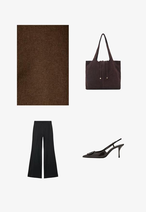 Brązowa tkanina lniana o miękkiej, teksturowanej powierzchni, charakteryzująca się jednolitym wzorem i stonowanym odcieniem, odpowiednia do różnych zastosowań tekstylnych.; Czarne spodnie o szerokich nogawkach z gładką teksturą, z przodu ozdobione zakładkami i skrojonym fasonem. Materiał jest lekki i zwiewny.; Czarna, lakierowana na wysoki połysk, sandałowa szpilka z ostrym noskiem, minimalistycznym wzornictwem, małym okrągłym akcentem na przodzie buta oraz smukłym obcasem.; Mango - Torba na zakupy