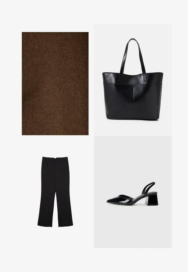 Hnedá ľanová látka s jemnou textúrovanou povrchovou úpravou, so súvislým vzorom a tlmeným odtieňom, vhodná na rôzne textilné aplikácie.; Čierne nohavice so strihom rovného strihu, s prednými vreckami a bočnými rozparkami na leme. Vyrobené z mäkkej, hladkej tkaniny. Vhodné na rôzne príležitosti.; Čierne lakované kožené sandálové podpätky s špicatou špičkou a geometrickým blokovým podpätkom. Disponujú elegantným, minimalistickým dizajnom a hladkým povrchom.; Čierna kožená tote taška s dvoma dlhými rúčkami, hladkým povrchom a štruktúrovaným tvarom. Obsahuje prednú kapsu pre dodatočné uskladnenie.