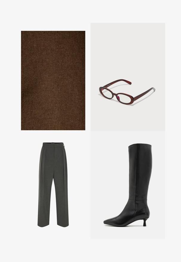 Brun hørstof med en blød, struktureret overflade, der har et ensartet mønster og dæmpet tone, velegnet til forskellige tekstilapplikationer.; Grå viddebukser i tekstureret stof med højtaljet pasform og forreste læg. Designet har en glat linning uden synlige lukninger.; Zign Høje støvler/ Støvler - black; Ovale røde solbriller med klare linser og slanke brune stel. Designet har subtile kurver og minimalt hardware.