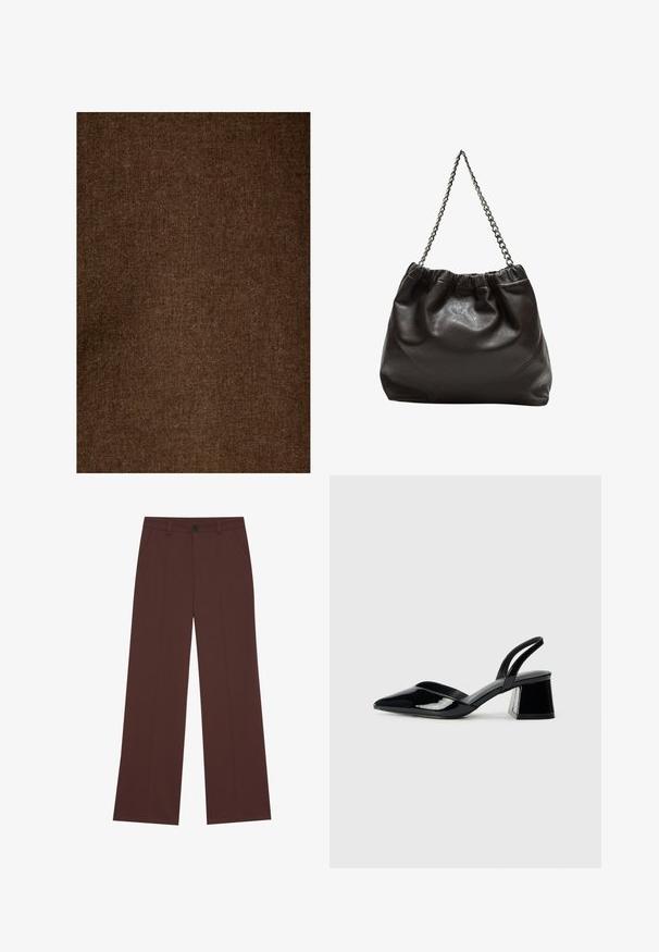 Brun hørstof med en blød, struktureret overflade, der har et ensartet mønster og dæmpet tone, velegnet til forskellige tekstilapplikationer.; Vide benbukser i en rig brun stof. Har en knaplukning, to forlommer, glat tekstur og rene linjer.; Sorte patentlæder slingback hæle med spids tå og en geometrisk blok hæl. Har et elegant, minimalistisk design og en glat tekstur.; Brun lædertaske med en rynket top og en kædestrop. Glat tekstur med en blank finish og subtile sømdetaljer på siderne.