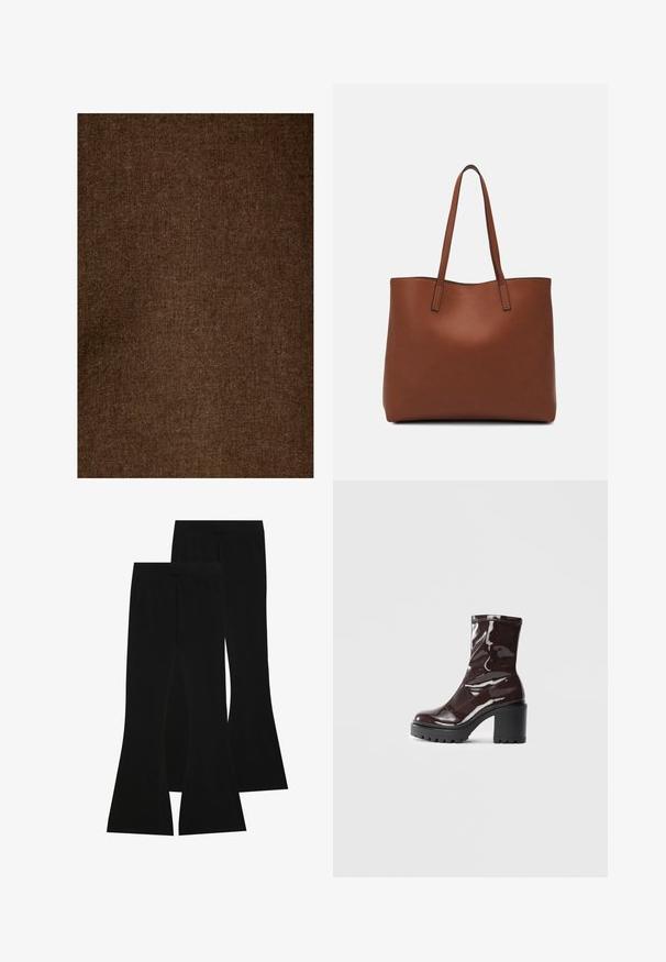 Brun hørstof med en blød, struktureret overflade, der har et ensartet mønster og dæmpet tone, velegnet til forskellige tekstilapplikationer.; Sorte flagrende bukser lavet af strækstof, med en høj talje og en glat tekstur, i et tætsiddende design der flares ud fra knæet.; Glatte burgunder ankelstøvler med en chunky sort hæl, der har en glat tekstur og et simpelt design. Ingen synlige lukninger eller mønstre.; Brun læder tote taske med en glat overflade, åben topdesign og to skulderremme. Har minimal syning og ingen synlig hardware.