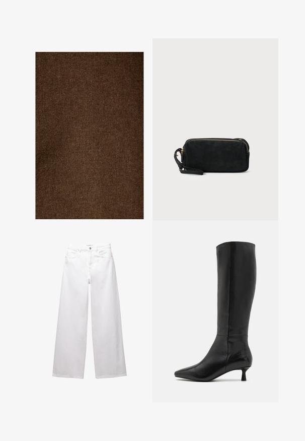 Țesătură din in de culoare maro, cu o finisare moale și texturată, având un model uniform și o nuanță atenuată, potrivită pentru diverse aplicații textile.; Jeans albe cu croi larg, confectionate din denim. Prezintă închidere cu nasture, buzunare frontale și posterioare, și cusături evidente. Textură netedă cu detalii minime.; Zign Cizme - black; Geantă de mână din suede negru, cu închidere cu fermoar și bretea detașabilă pentru încheietura mâinii. Dispune de accesorii din metal aurit și o textură netedă, mată.