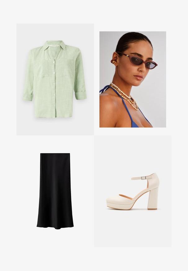 Světle zelená košile na knoflíky s texturovaným kostkovaným vzorem, s rukávy na ohrnutí a dvěma náprsními kapsami. Vyrobena z měkké, prodyšné látky.; Černá midi sukně vyrobená z hladkého, lehkého materiálu. Disponuje rovný střihem, bez viditelné kovové části a jednoduchým designem bez vzorů.; Krémové platformové podpatky s kulatou špičkou a nastavitelným páskem kolem kotníku. Mají silný blokový podpatek s jemným dřevěným akcentem.; Vínové sluneční brýle ve tvaru kočičích očí s tmavými skly, složité hnědé korálkové náhrdelníky a modrý textilní top. Hladká pleť s přirozeným finišem.; Hnědá kožená taška přes rameno s měkkou texturou, která nabízí prostorný design a jedno ramenní ucho. Nosená s modrou denimovou bundou.