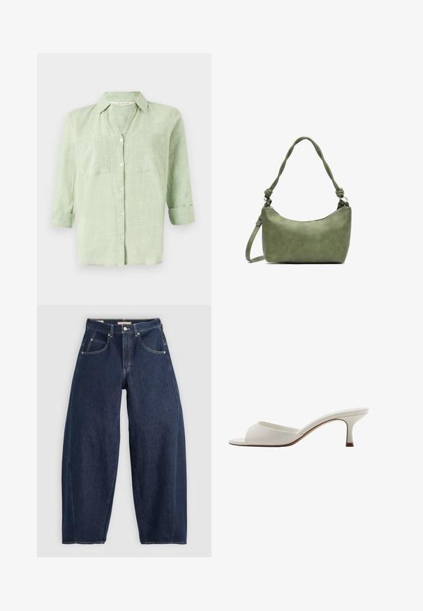 Jasnozielona koszula z guzikami, z teksturowanym wzorem w kratkę, podwiniętymi rękawami i dwiema kieszeniami na piersi. Wykonana z miękkiej, oddychającej tkaniny.; Granatowe dżinsy o luźnym kroju, z jasnym przeszyciem, pięcioma kieszeniami i zapięciem na guziki w pasie.; Białe, otwarte na palcach mule na wysokim obcasie o gładkim wykończeniu, minimalistycznym designie i smukłym obcasie, z subtelnym brązowym akcentem na podeszwie.; Zielona skórzana torebka o gładkiej teksturze, zaokrąglonym kształcie i plecionym uchwycie. Posiada zamek błyskawiczny i regulowany pasek.