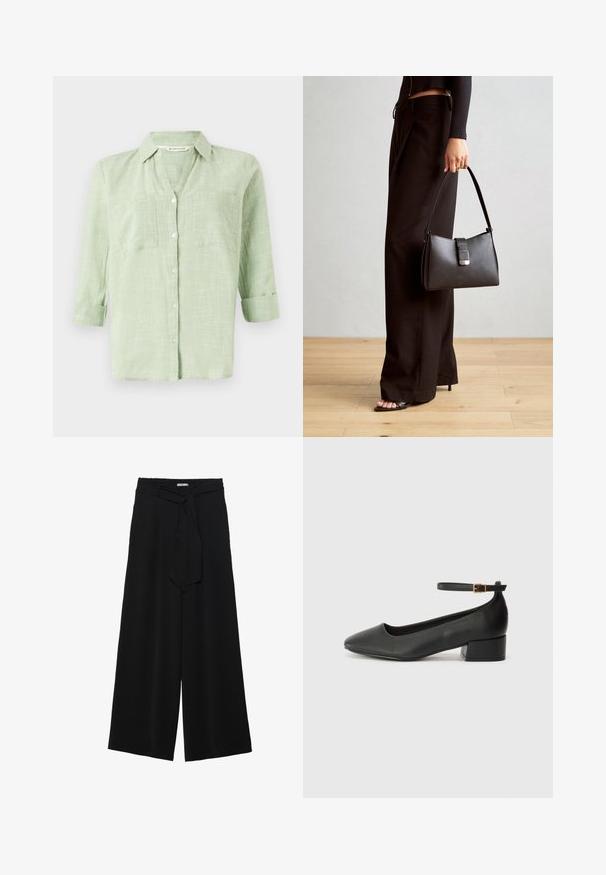 Camicia a maniche lunghe verde chiaro con un motivo a quadri testurizzato, maniche arrotolabili e due tasche sul petto. Realizzata in un tessuto morbido e traspirante.; Pantaloni neri a gamba larga caratterizzati da un tessuto testurizzato, una vita elastica e una cintura staccabile per una vestibilità regolabile.; Pump in pelle nera con punta affusolata e tacco basso a blocco. Presenta una cinghia alla caviglia con una fibbia in tonalità oro. Texture liscia.; Borsa nera con forma strutturata, texture liscia e una chiusura metallica. Abbinata a pantaloni neri larghi e sandali open-toe su un pavimento in legno.
