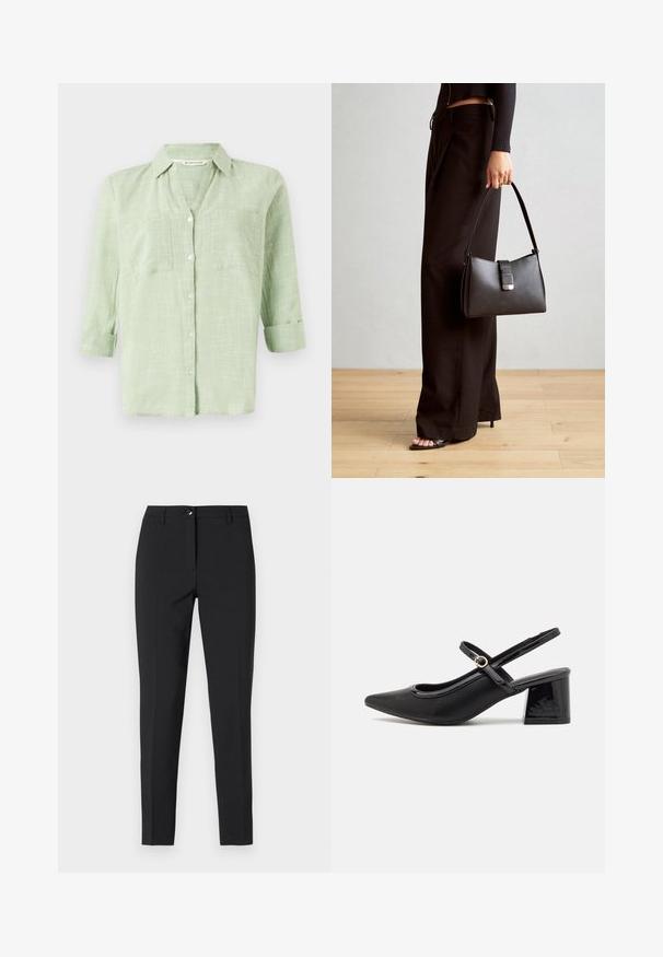 Lys grønn skjorte med knapper og en teksturert rutemønster, rullede ermer og to brystlommer. Laget av et mykt, pustende stoff.; Sorte tettsittende bukser i glatt stoff, med klassisk midjebånd, frontal glidelås og sidelommer, med en strømlinjeformet, skreddersydd design.; Sorte lakk lær slingback hæler med spiss tå, et avrundet utskjæringsdesign og blokkheel. Har en gulltone spenne som detalj.; Svart håndveske med strukturert form, jevn tekstur og metallisk lås. Kombinert med brede svarte bukser og sandaler med åpen tå på tregulv.