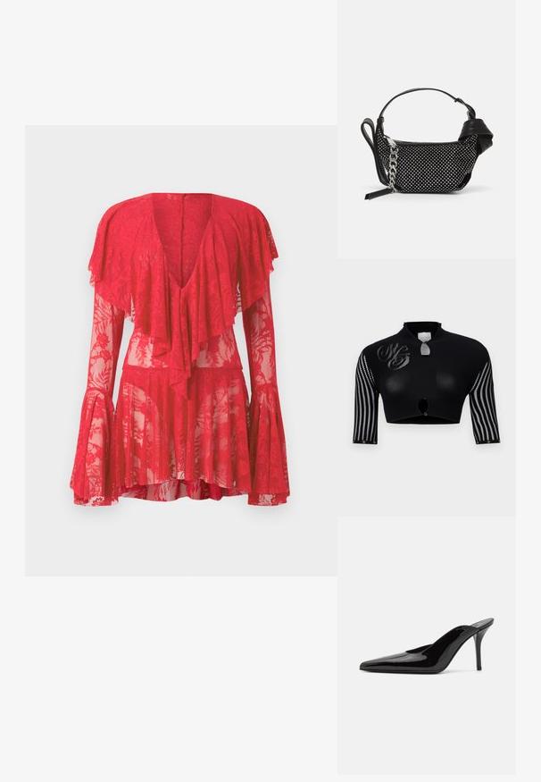 Black cropped top with a high collar, featuring mesh sleeves with vertical stripes, a central button closure, and decorative logo detailing.; Red lace dress featuring long flared sleeves, a deep V-neck, layered ruffles, and floral patterns. Sheer texture enhances its design.; Black patent leather high-heeled mule with a pointed toe and a sleek silhouette, featuring an open back and a slender stiletto heel.; Black handbag featuring studded embellishments, a chain strap, and a smooth leather handle, with a rounded shape and zipped compartment.