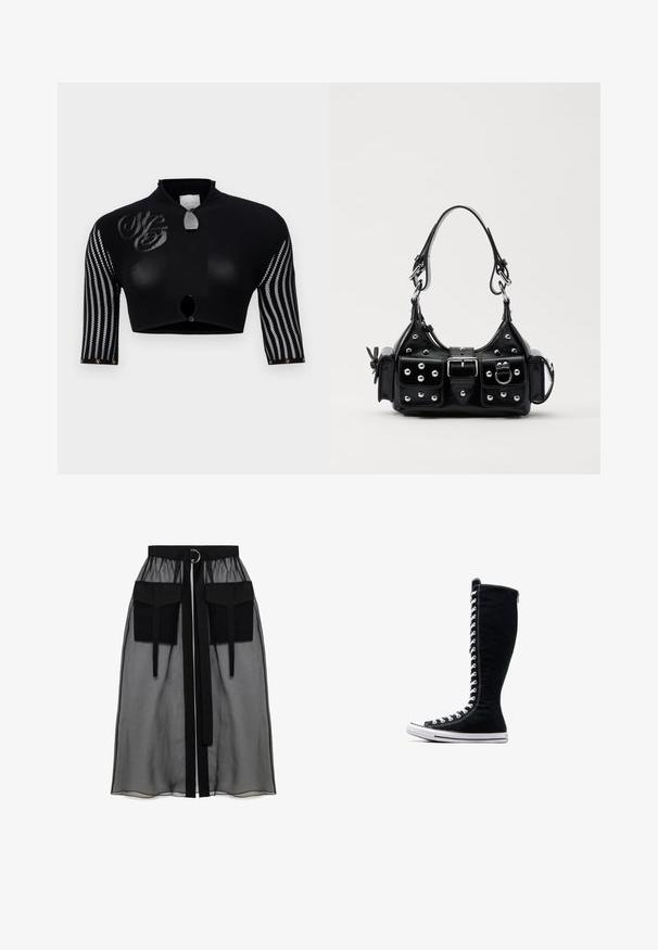 Sort crop top med høj krave, der har meshærmer med lodrette striber, en central knaplukning og dekorativ logo-detaljer.; Sort gennemsigtig nederdel med en rynket talje, der har to store forlommer, et taljebånd og en cirkulær metaldetalje.; Sorte høje sneakers med et højt design, lavet af kanvas. Har hvide snørebånd, syninger og en gummisål med en tåhætte.; Sort læderhåndtaske med et buet design, prydet med sølvfarvede nitter, en spænde og to sidelommer. Justerbar rem til forskellige bære muligheder.