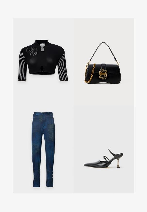 Juodas trumpas viršus su aukštu apykakle, turintis permatomas rankoves su vertikaliomis juostelėmis, centrinį mygtukų užsegimą ir dekoratyvinį logotipo elementą.; Mėlynos ir žalios raštuotos kelnės, prigludusios prie kūno, su lygiu textura ir dekoratyviniais mygtukais ant kulkšnies.; Juodasis odinis batelis su smailiu nosiu ir slingback stiliumi, turintis dvi reguliuojamas juosteles ir metalinį kulną. Lygi tekstūra ir minimalistinis dizainas.; Juodas odinis rankinukas su lenkta forma, auksine gyvatės akcentu ir grandinėlės dirželiu. Turi užsegimą su kilpa ir metalinę logotipo plokštelę.