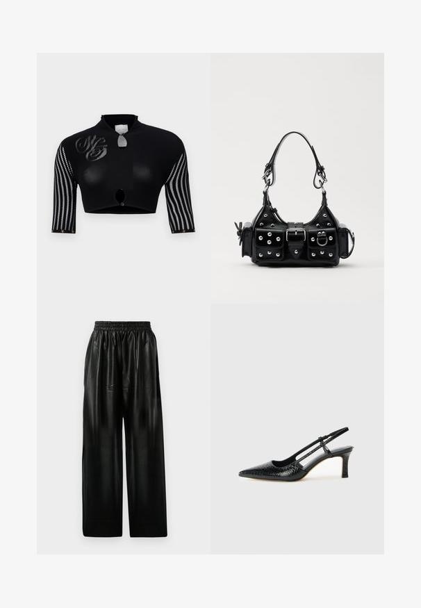 Svart kort topp med hög krage, med nätärmar med vertikala ränder, central knappstängning och dekorativ logotypdetalj.; Svarta läder byxor med vida ben och elastisk midja, som har två sidfickor och en slät, glänsande yta.; Svart lackskin slingback-häl med spetsig tå, med texturerad ormskinnsprint, justerbar rem och en kort, texturerad blockklack.; Svart läderhandväska med en kurvad design, prydd med silverfärgade nitar, ett spänne och två sidofickor. Justerbar rem för olika bäralternativ.