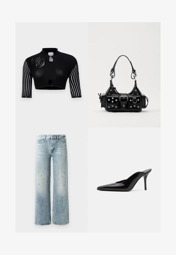Melns īss tops ar augstu apkakli, ar sietu piedurknēm ar vertikālām svītrām, centrālo pogu aizdari un dekoratīvu logo detaļu.; Gaiši zilas platās kājas džinsus, kas izgatavoti no denima, ar gradienta krāsu efektu un rotājumiem no sudraba rhinestones vertikālā rakstā.; Melnas patentētas ādas augstpapēžu muļlas ar smailu purngalu un gludu siluetu, ar atvērtu aizmuguri un slaidu stiletto papēdi.; Melnas ādas rokturmais ar izliekumu, ar sudraba iedurtiem, sprādzi un divām sānu kabatām. Regulējams siksniņas garums dažādām nēsāšanas iespējām.