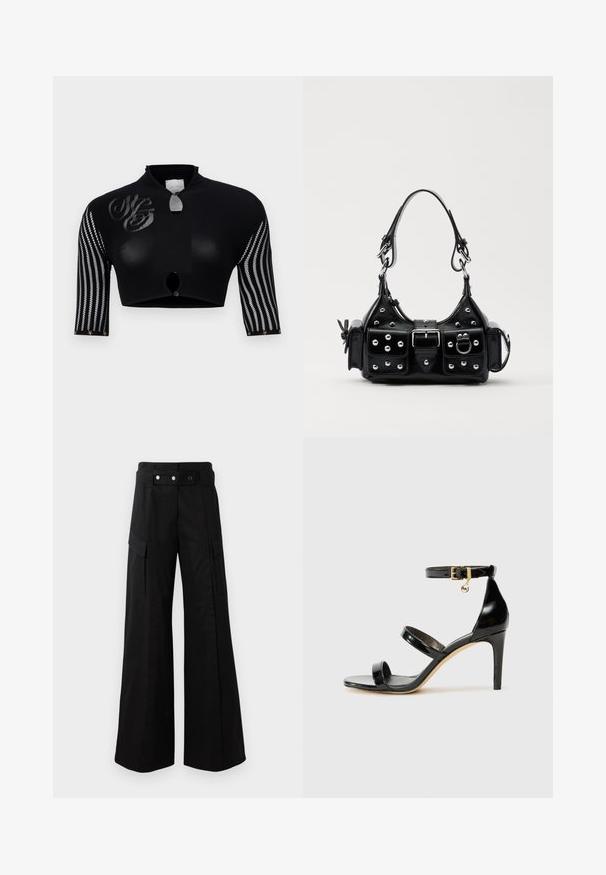 Sort crop top med høj krave, der har meshærmer med lodrette striber, en central knaplukning og dekorativ logo-detaljer.; Sorte brede bukser med høj talje, som har store sidelommer, to forreste knapper og en løkke-detalje. Lavet af holdbart materiale.; Sorte patenterede lædersandaler med tre stropper, ankelspænde og 10 cm stiletthæl. Har detaljer i guld og et logo charms.; Sort læderhåndtaske med et buet design, prydet med sølvfarvede nitter, en spænde og to sidelommer. Justerbar rem til forskellige bære muligheder.