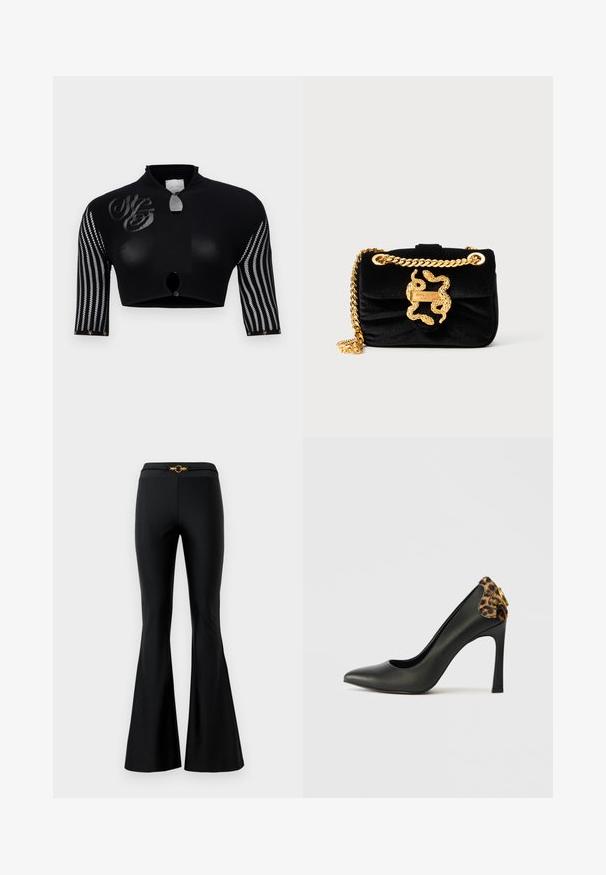Haut noir court avec un col haut, doté de manches en maille avec des rayures verticales, d'une fermeture centrale à bouton et de détails de logo décoratifs.; Pantalons évasés noirs avec une texture lisse, dotés d'une taille ajustée et d'un accent circulaire doré à l'avant. Fabriqués dans un matériau extensible.; Escarpin noir en cuir avec un talon haut, à bout pointu et accent en imprimé léopard à l'arrière, doté de finitions en métal doré sur le talon.; Sac à main en velours noir avec un fermoir en forme de serpent doré et une bandoulière en chaîne ; possède une finition douce et texturée ainsi qu'une fermeture à rabat.