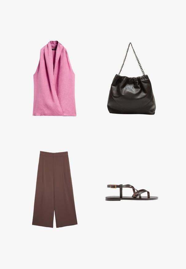 Massimo Dutti CROSSOVER HALTER NECK - Camicetta - pink; Pantaloni ampi marroni con una texture liscia, caratterizzati da una vita alta e pieghe frontali. Il tessuto è leggero e scorre liberamente.; Sandal in pelle marrone con cinturini incrociati, chiusura con cinturino alla caviglia e suola piatta con dettagli di cucitura minimi.; Borsa in pelle marrone con parte superiore arricciata e tracolla a catena. Texture liscia con finitura lucida e dettagli di cucitura sottili sui lati.
