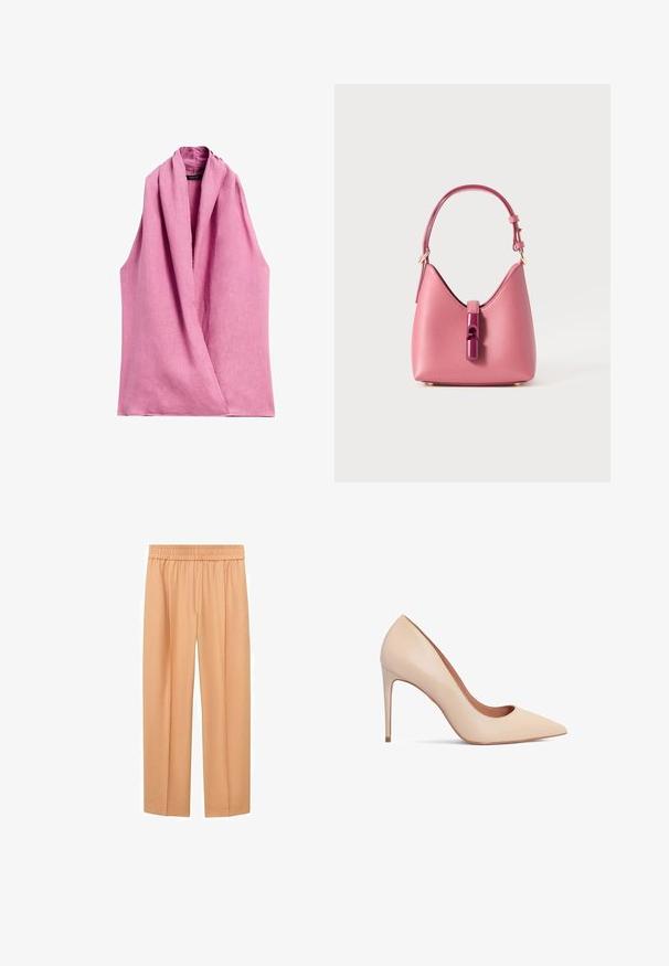 Massimo Dutti CROSSOVER HALTER NECK - Bluse - pink; Pfirsichfarbene, weite Hose aus weichem Stoff mit elastischem Bund und geradem Schnitt, die eine entspannte Passform bietet.; Beige Leder-Pumps mit hohen Absätzen, spitz zulaufender Zehenpartie und glatter Textur. Mit einem schlanken Stiletto-Absatz und einem tief ausgeschnittenen Obermaterial.; Rosa Lederhandtasche mit strukturiertem Design, ausgestattet mit einem glänzenden Verschluss und einem einstellbaren Gurt. Texturierte Oberfläche mit goldfarbenen Beschlägen.
