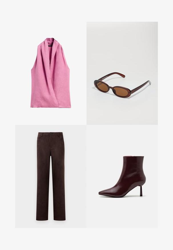 Massimo Dutti CROSSOVER HALTER NECK - Camicetta - pink; Pantaloni in suede marrone scuro a gamba dritta con chiusura anteriore a bottone e zip, passanti per cintura e tasche laterali.; Stivale alla caviglia in pelle laccata bordeaux con punta affusolata e tacco stiletto sottile, caratterizzato da una texture liscia e lucida e da un design minimalista.; Occhiali da sole rotondi con tonalità marrone, montatura lucida color bordeaux. Aste sottili con un sottile dettaglio del marchio. Design delle lenti piatte.; Borsa intrecciata color bordeaux con forma arrotondata e manico singolo, dotata di una superficie testurizzata e chiusura a coulisse elastica.