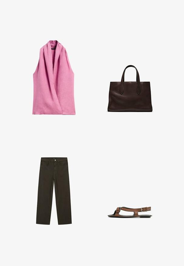 Massimo Dutti CROSSOVER HALTER NECK - Bluse - pink; Mørkegrønne brede jeans lavet af en bomuldsblanding, med en frontlukning med knap, fem lommer og klassisk denim-syning.; Brune lædersandal med åben tå og udskæringer på siden. Har en ankelrem med en metalspænde og en flad sål.; Brun læder tote bag med to forlængede håndtag, struktureret rektangulær form, glat overflade og subtile syninger.