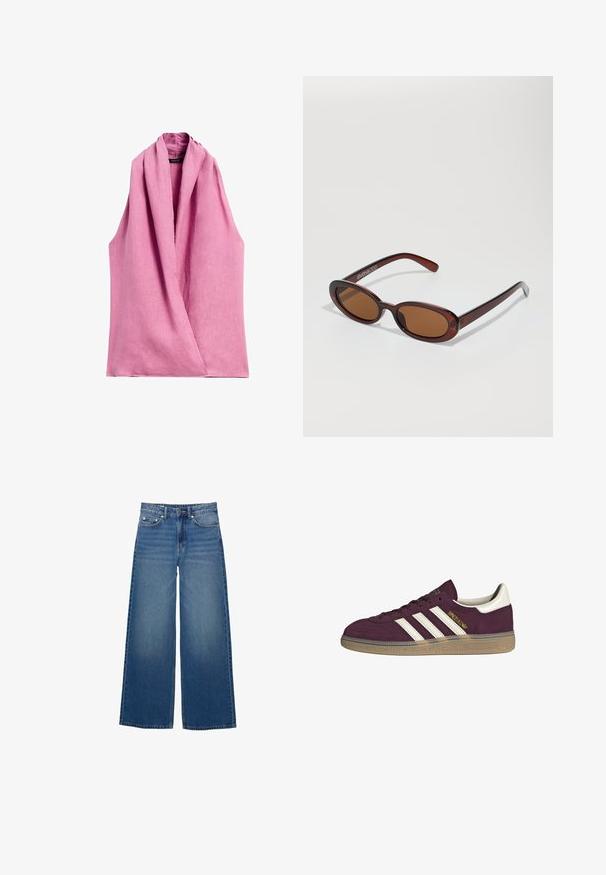 Massimo Dutti CROSSOVER HALTER NECK - Bluse - pink; Bredde ben blå jeans lavet af denim, med høj talje, syede detaljer og et enkelt design med en let falmende effekt.; Maroonsuede sneakers med hvide tre striber og beige accenter. Har en tekstureret gummisål og gyldent branding på siden.; Runde, bruntonede solbriller med en glansfuld bordeauxramme. Slanke arme med diskret brandingdetalje. Flad linsedesign.; Brun vævet læderhandbag med en slasket, trekantet form. Har et flettet håndtag og en lynlåslukning langs toppen.
