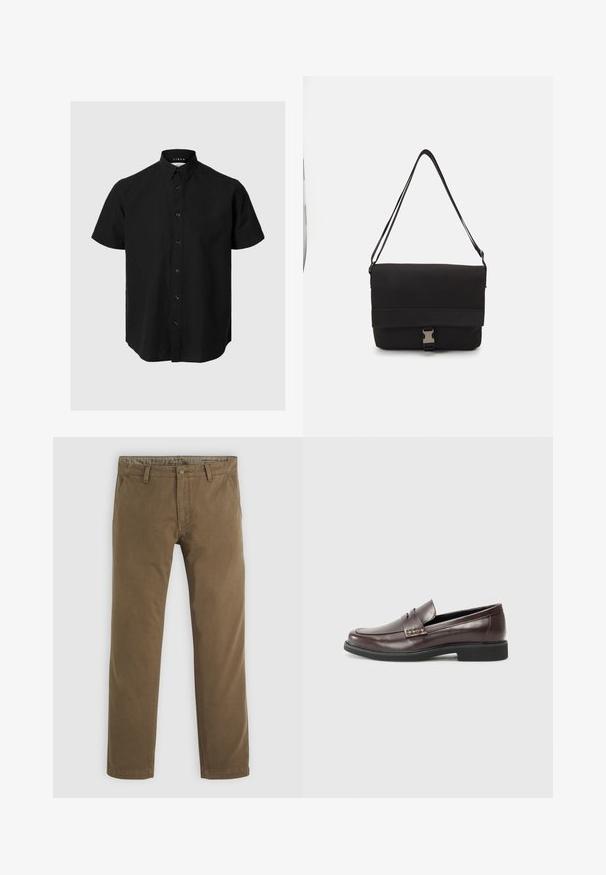 Camicia nera a maniche corte con bottoni, realizzata in lino, con colletto classico, bottoni frontali e orlo dritto. Texture liscia.; Pantaloni in cotone khaki con design a gamba dritta, dotati di chiusura a bottone, due tasche anteriori e una texture liscia.; Mocassini in pelle marrone con una finitura liscia, caratterizzati da un sottile dettaglio cucito sulla tomaia e una suola in gomma nera.; Borsa a tracolla nera realizzata in materiale liscio, con un lembo pieghevole, hardware in metallo argentato e una tracolla regolabile.
