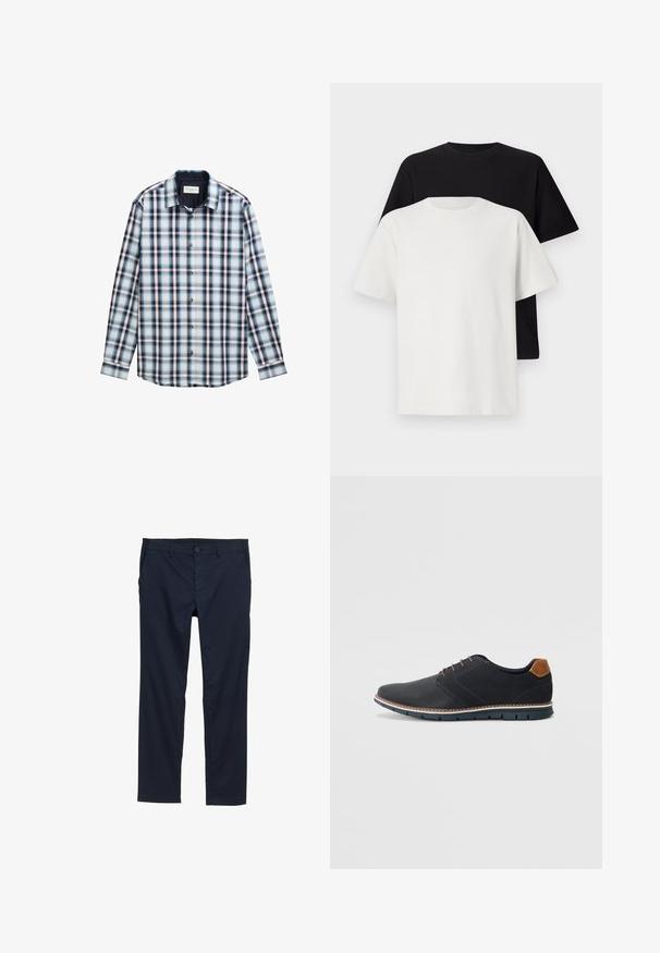 Langärmliges kariertes Hemd in Blau, Weiß und Burgunderrot. Hergestellt aus leichtem Stoff mit Button-Down-Kragen und vorderen Knöpfen.; Baumwoll-T-Shirt-Set bestehend aus einem schwarzen Oberteil und einem weißen Oberteil, beide mit kurzen Ärmeln, Rundhalsausschnitt und normaler Passform. Texturiert.; Marineblaue, leichte Hose mit glatter Textur, geradem Bein-Design, Knopfverschluss und Seitentaschen.; Schwarze synthetische Schuhe mit einer strukturierten Oberseite, glatten Akzenten, braunem Absatz und einer kontrastierenden Sohle. Verfügt über minimale Schnürung und Nähdetails.