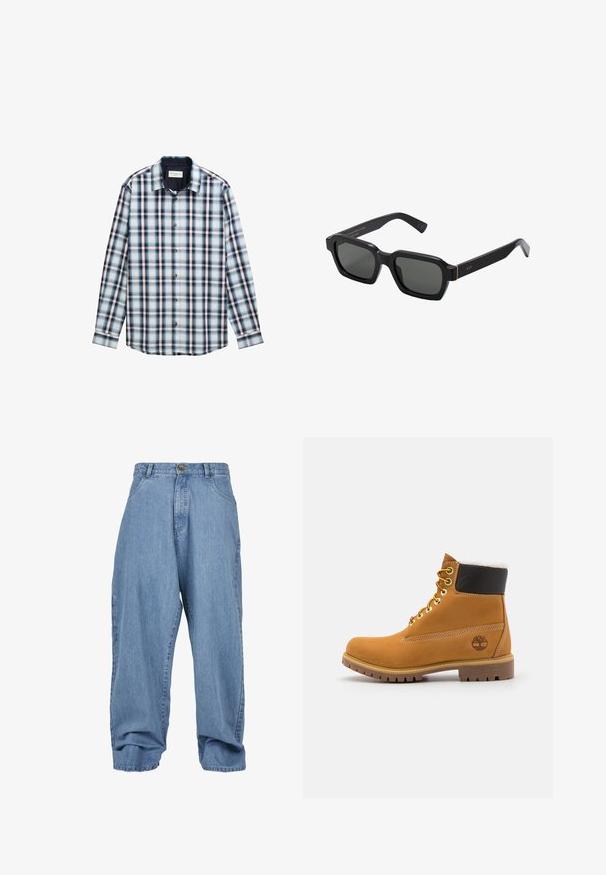 Ilga rankovėmis švarkelis su plaid raštu, sudarytas iš mėlynos, baltos ir burgundinės spalvų. Pagamintas iš lengvos medžiagos su mygtukų apykakle ir priekiniais mygtukais.; Balta polo marškiniai, pagaminti iš medvilnės. Savybės: klasikinis apykaklė, trijų mygtukų užsegimas ir trumpi rankoviai. Diskretus logotipas išsiuvinėjimas ant krūtinės.; Šviesiai mėlynos džinsinės kelnės su laisvu kirpimu, mygtuko užtrauktuku, priekinėmis kišenėmis ir užlenktais džinsuose, turinčios klasikinį penkių kišenių dizainą.; Rudos odinės aulinės puikiai tinka su metaliniais akmenukais, baltu dirbtiniu kailiu, juodu paminkštintu apvadu, tvirtu padu ir įspaustu logotipu šone.; Juodi, kvadratiniai akiniai nuo saulės su pilkais lęšiais. Stori plastikiniai rėmeliai su auksiniais akcentais ir prekės ženklu ant smilkinių. Lygus paviršius.