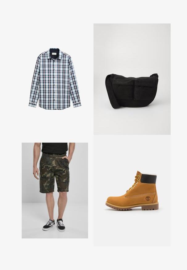 Camisa de cuadros de manga larga, con colores azul, blanco y burdeos. Fabricada con una tela ligera, cuenta con un cuello abotonado y botones en la parte delantera.; Bermudas de camuflaje con bolsillos de carga, fabricadas en tela tejida en tonos verdes y marrones. Combinadas con zapatillas negras con cordones blancos.; Botín de cuero marrón con ojales de metal, forro de piel sintética blanca, cuello acolchado negro, suela resistente y logotipo en relieve en el costado.; Bolso bandolera de pana negra con correa ajustable, que cuenta con bolsillos frontales y una textura suave. Diseño compacto con detalles mínimos.