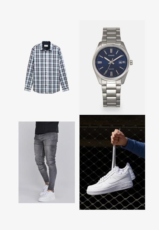 Ilga rankovėmis švarkelis su plaid raštu, sudarytas iš mėlynos, baltos ir burgundinės spalvų. Pagamintas iš lengvos medžiagos su mygtukų apykakle ir priekiniais mygtukais.; Lieknos džinsai iš išbluko pilkos džinsinės medžiagos, su pažeidimais keliuose, derinami su baltais sportiniais batais. Lygi tekstūra, siauras siluetas.; Balti odiniai sportiniai bateliai su perforacijomis, apvalia nosimi, plokščiu padu ir storomis raištelėmis, su matomu swoosh logotipu ir "AIR" ant kulno.; Sidabrinis nerūdijančio plieno laikrodis su tamsiai mėlynu ciferblatu, metaliniais valandų žymenimis ir datos langeliu 3 valandą. Atsparus vandeniui iki 50 metrų.