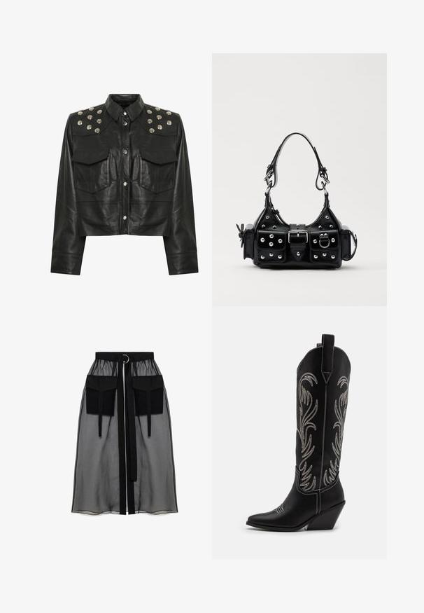 Czarna skórzana krótka kurtka z srebrnymi ćwiekami na ramionach, dwoma przednimi kieszeniami i klasycznym kołnierzem. Gładkie wykończenie tekstury.; Czarna przezroczysta spódnica z marszczeniem w pasie, posiadająca dwie dużej wielkości kieszenie z przodu, pasek w talii oraz okrągły metalowy akcent.; Czarne skórzane kowbojskie buty z wydłużonymi noskami, obcasem typu koturn oraz srebrnymi haftowanymi wzorami kwiatowymi wzdłuż cholewy. Kontrastowe szwy na całej długości.; Czarna skórzana torebka w zakrzywionym kształcie, z srebrnymi ćwiekami, klamrą i dwoma bocznymi kieszeniami. Regulowany pasek umożliwiający różne opcje noszenia.